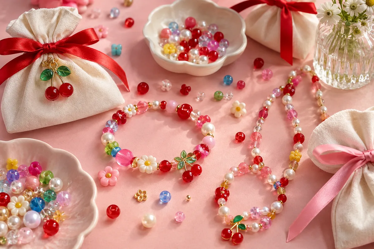 Party inspiration: handmade beaded bracelets and necklaces with pink ribbon gift pouches