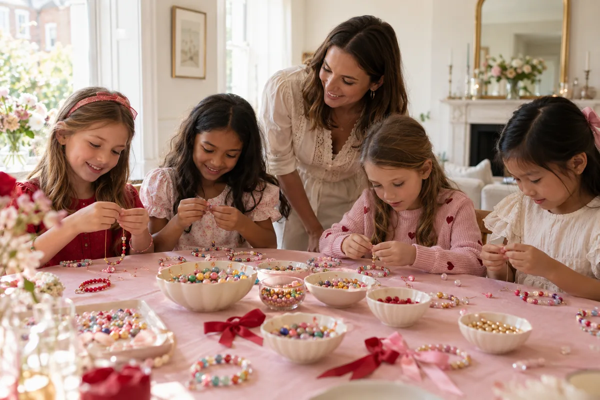 Illustrative jewellery party with children and an adult making beaded pieces at a beautifully styled table