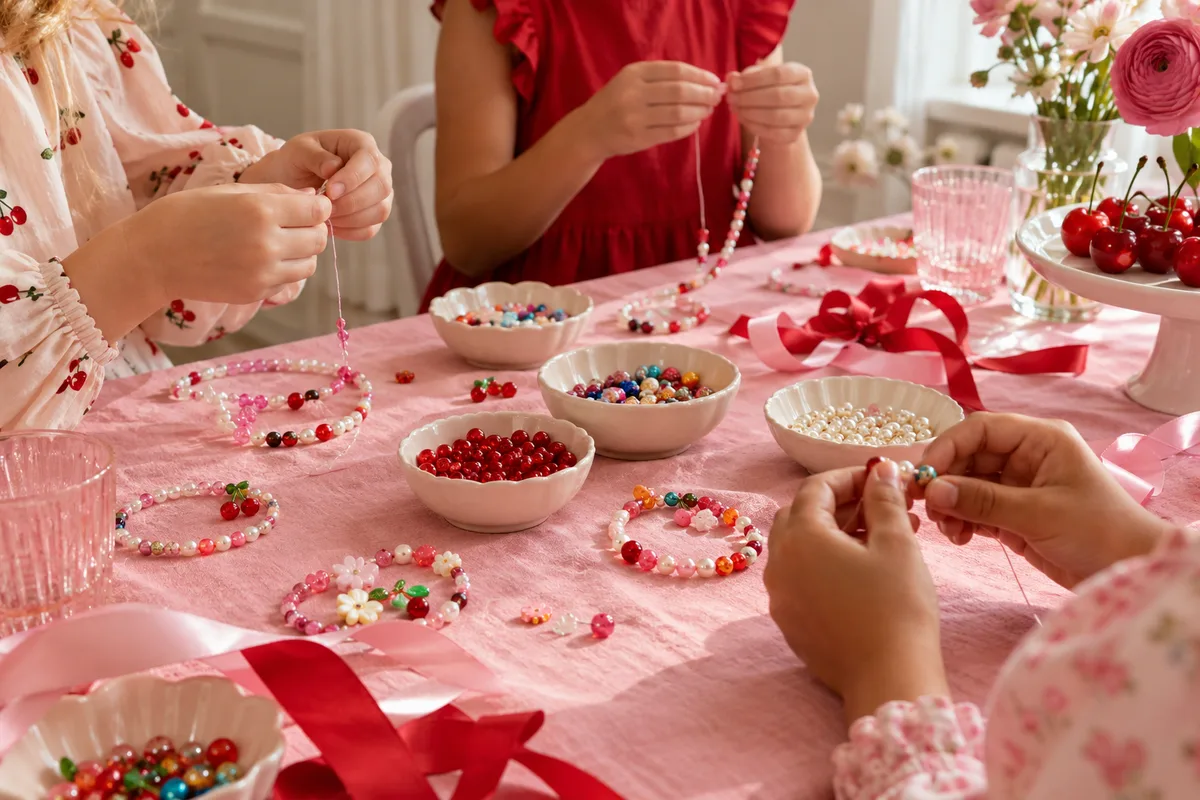 Party inspiration: children threading colourful jewellery at a pink table with ribbons and bead bowls